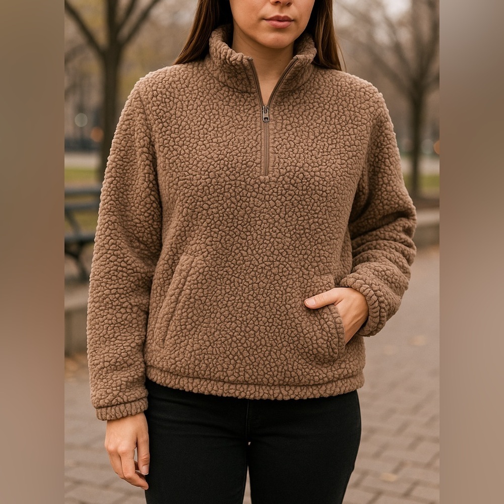 SAGE Collective Small Taupe Sherpa Teddy Fleece Quarter Zip Pullover Sweatshirt - Picture 1 of 5
